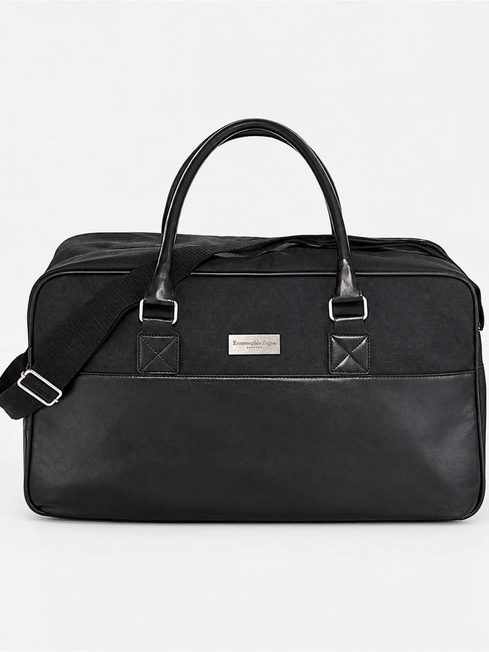 Ermenegildo Zegna Black Canvas and Faux Leather Weekender Duffel Bag. NEW